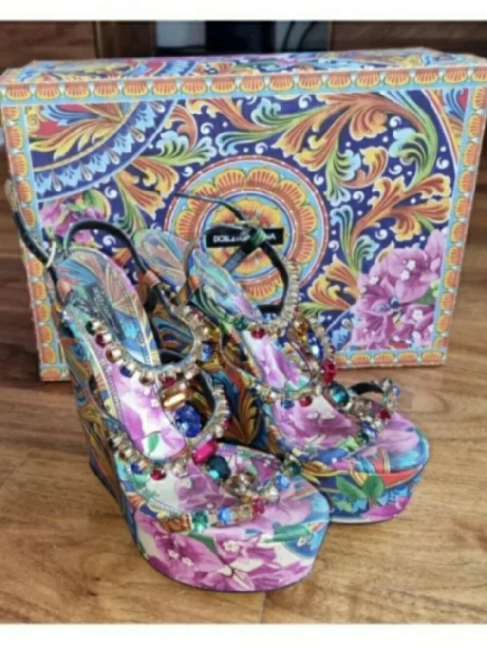 Dolce & Gabbana Floral Multicolor Jeweled Platform Wedge Sandals